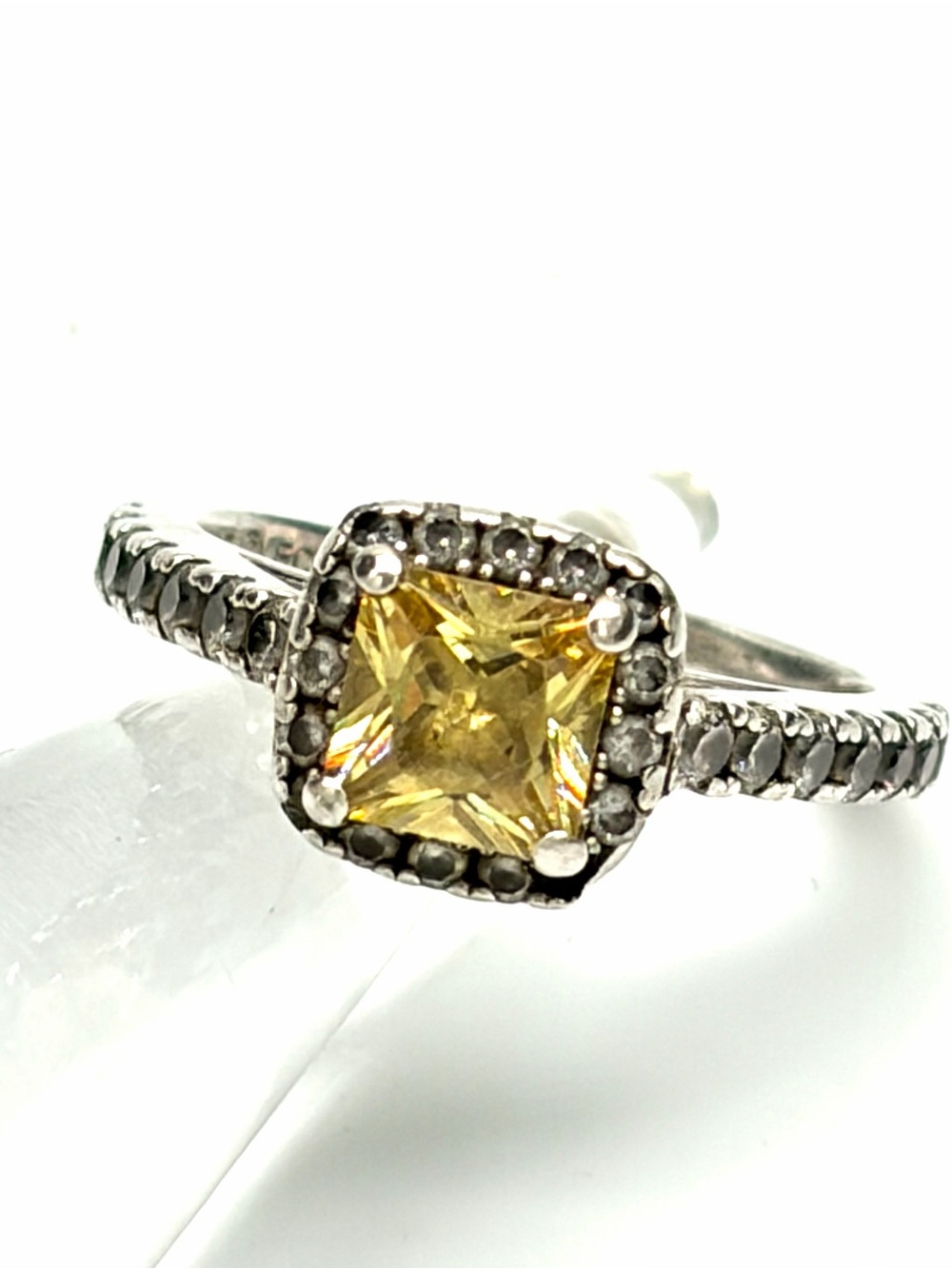 Signed EC Canary Yellow Cocktail Ring Sterling Silver Halo Ring